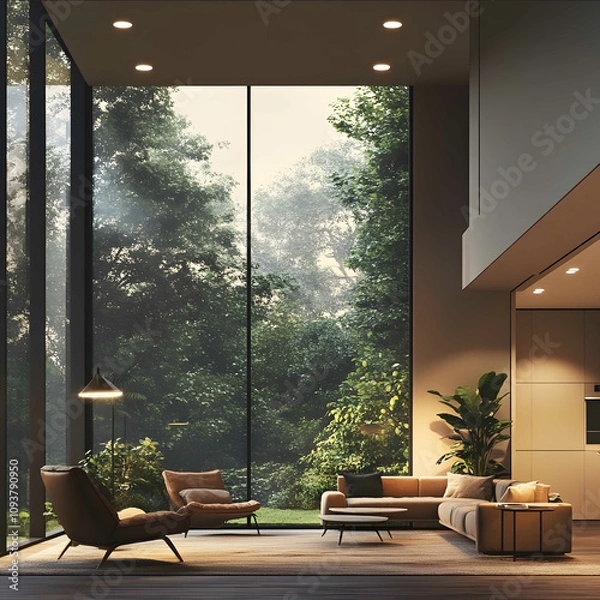 Fototapeta Highquality photorealistic image of a minimalist home with large windows showcasing a subtle view of nature outside The interior features clean lines min