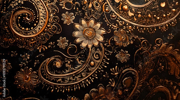 Obraz A paisley-inspired henna pattern in dark brown ink on a hand filled with delicate floral details.