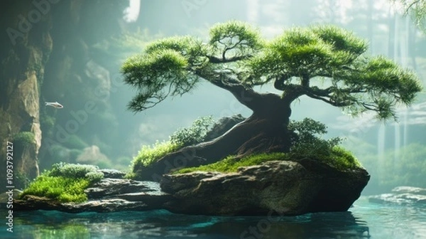Fototapeta Serene Bonsai Tree on a Misty Lake Island