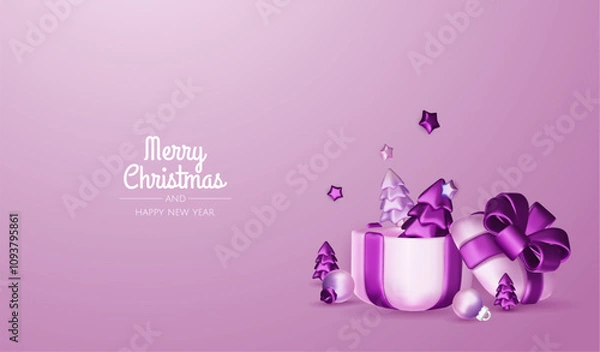Fototapeta Happy New Year and Merry Christmas. Christmas holiday background with realistic 3d objects, bauble balls, conical metal stars. Levitation falling design composition.