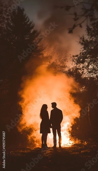 Fototapeta A couple is standing in front of a fire with smoke