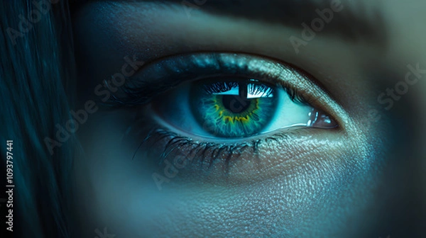 Fototapeta A soft teal eye with a gradient of blue and green hues blending together.