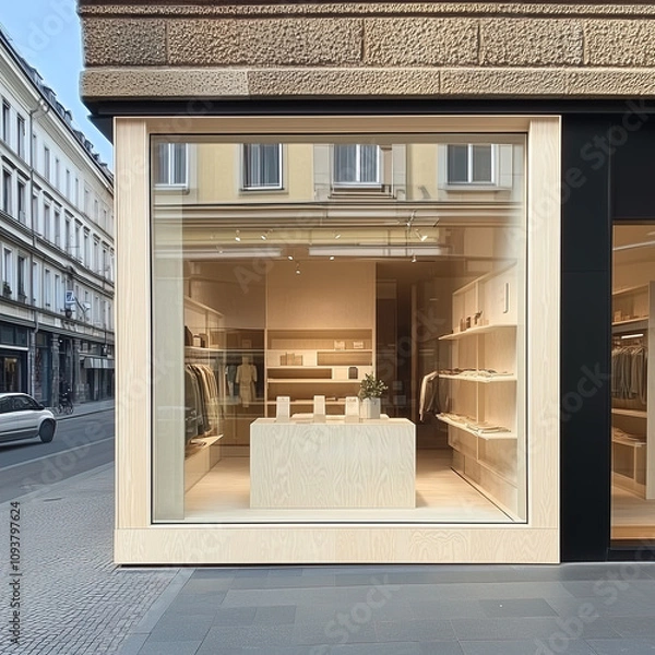 Fototapeta Beige winter shop front mockup, small store facade template for branding and business presentation, view of big window in European street