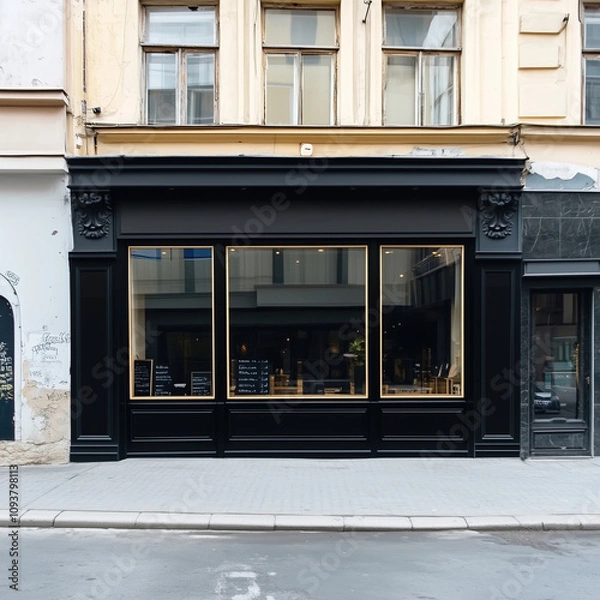 Fototapeta Black shop front mockup, small store facade template for branding and business presentation, view of big window in European street