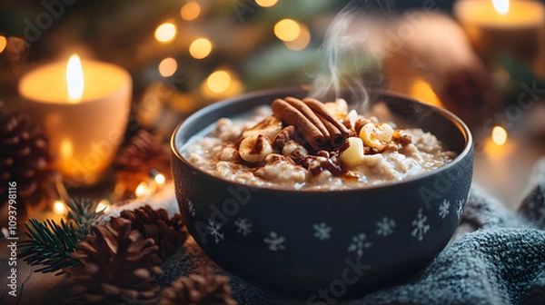 Obraz A steaming bowl of Christmas porridge topped with cinnamon nuts and honey.