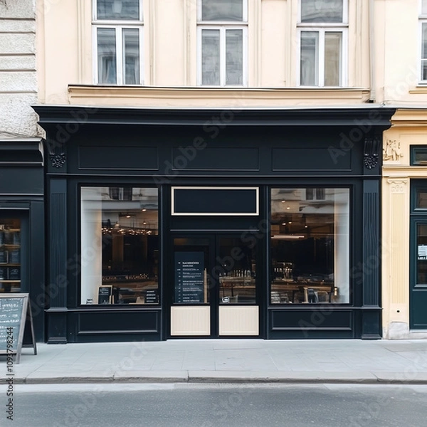 Fototapeta Black shop front mockup, small store facade template for branding and business presentation, view of big window in European street