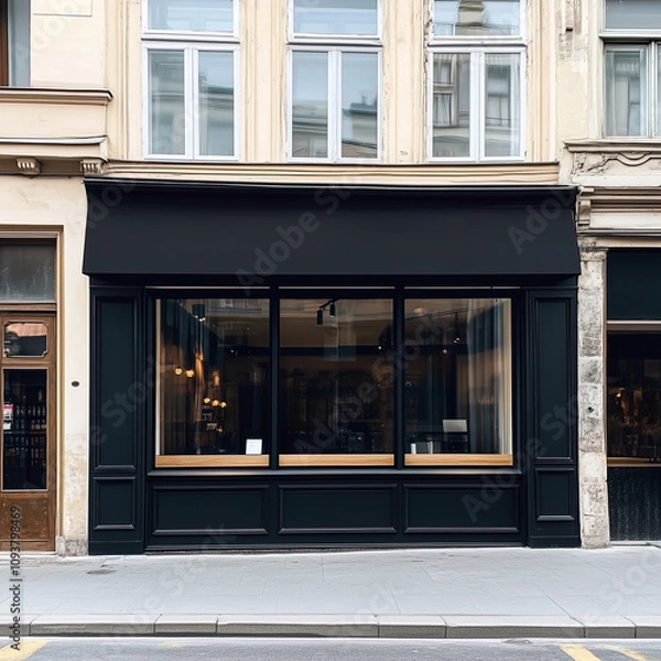 Fototapeta Black shop front mockup, small store facade template for branding and business presentation, view of big window in European street