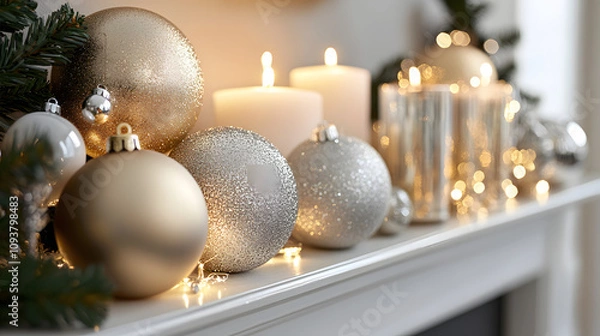 Obraz A stylish mantelpiece with gold and silver Christmas ornaments and candles.