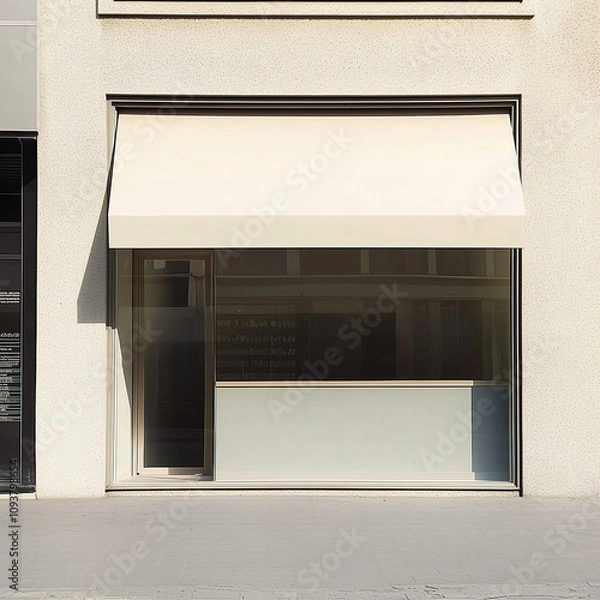 Fototapeta Beige winter shop front mockup, small store facade template for branding and business presentation, view of big window in European street
