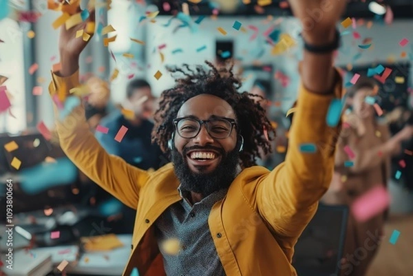 Obraz Joyful man celebrating in an office environment with colorful confetti falling around him, expressing happiness and positivity among colleagues
