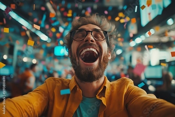 Obraz Excited man with glasses celebrating in vibrant office environment amidst colorful confetti during an energetic company event or happy occasion