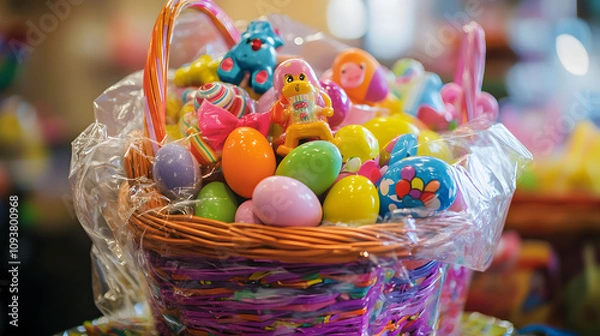 Obraz A vibrant Easter gift basket filled with colorful eggs candy and small toys wrapped in cellophane.
