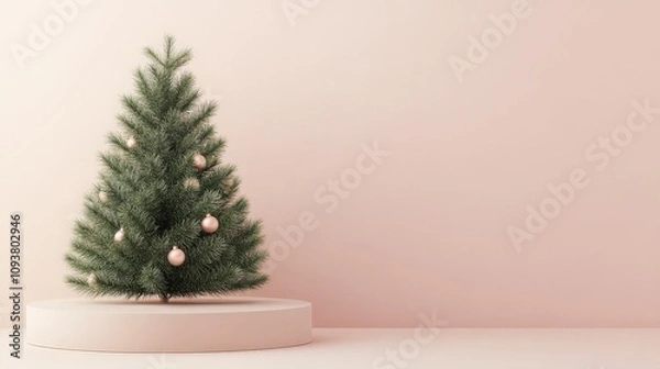 Fototapeta Sophisticated Christmas tree adorned with gold ornaments and warm lights, complemented by wrapped gift boxes. A serene and minimalistic holiday scene perfect for festive and elegant occasions.
