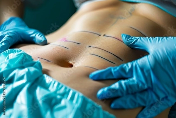 Fototapeta Surgeon is preparing patient's abdomen for surgery drawing black lines with marker