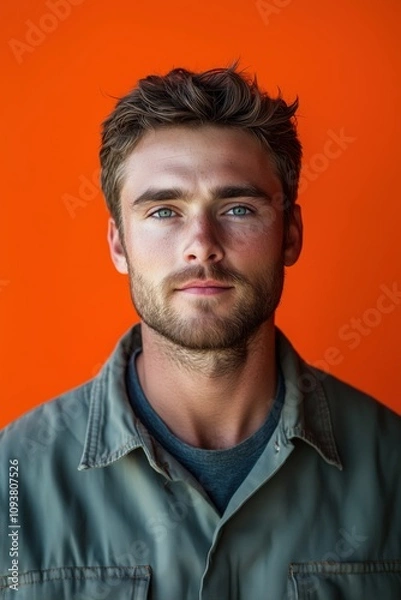 Fototapeta Confident engineer posing on orange background, wearing work uniform