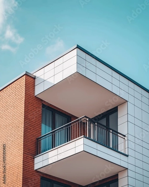 Obraz Modern architectural design of urban apartment building with brick and white panel exterior featuring balconies against a clear sky