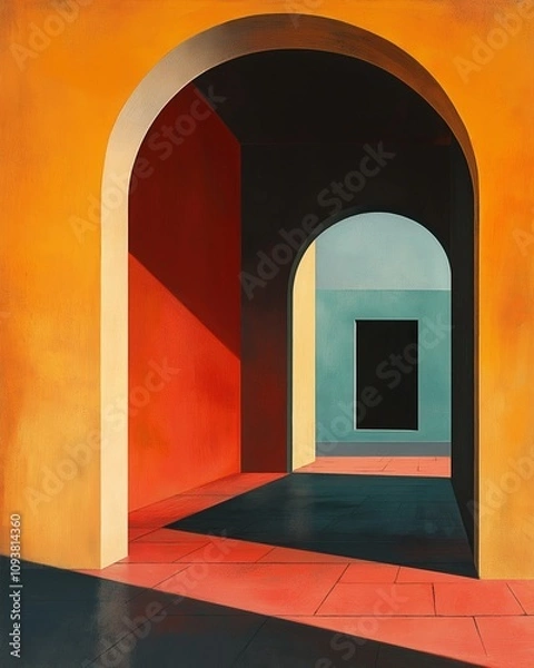 Obraz Captivating geometric architectural composition featuring colorful archways and dynamic shadows on vibrant surfaces in a modern abstract style