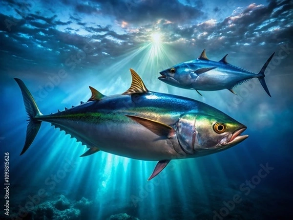 Fototapeta Captivating Low Light Photography of Albacore Thunnus Alalunga and Bluefin Tuna Swimming Gracefully in Deep Ocean Waters at Dusk, Showcasing Their Vibrant Colors and Dynamic Movement