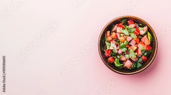 Fototapeta Fresh and Colorful Salsa in a Bowl with Chopped Vegetables and Herbs on a Soft Pink Background for Culinary and Food Photography
