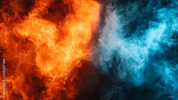 Fototapeta Abstract red fire and blue ice background symbolizing the contrast between heat and cold, passion and calm, energy and tranquility, creating a dynamic visual representation of opposing forces
