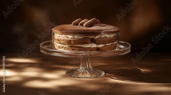 Obraz Decadent Chocolate Layer Cake with Cream Filling on Elegant Glass Stand, Captured in Soft Lighting for a Luxurious Dessert Presentation