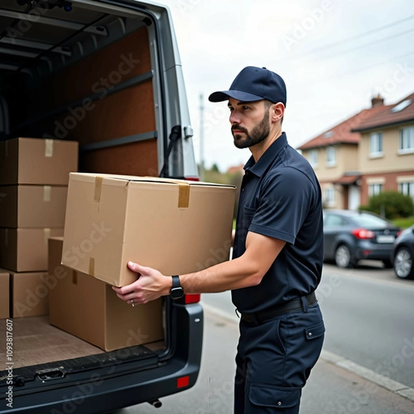 Fototapeta Photo, 8k resolution, a delivery driver standing by the back of a van, lifting a cardboard box from a stack. A suburban street with houses and parked cars is blurred in the background