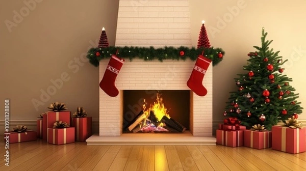 Fototapeta Cozy Christmas scene with a fireplace, decorated with stockings and a garland, presents, and a decorated Christmas tree.