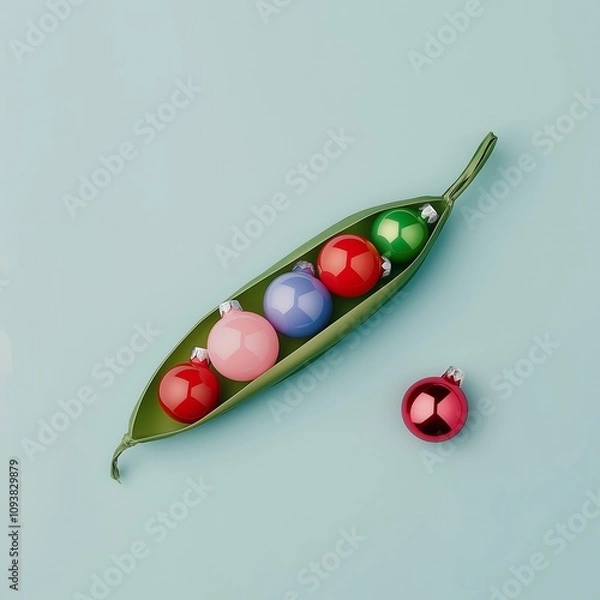 Obraz A pea pod with colorful Christmas ornaments inside on a blue pastel background. Minimal Christmas concept.