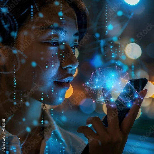 Fototapeta A woman is looking at a cell phone with a blue screen