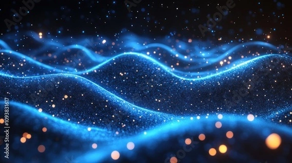 Fototapeta Abstract blue and gold glowing particles creating waves on a black background.