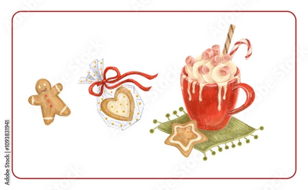 Fototapeta Set of isolated digital hand drawn elements. Christmas food. Gingerbread. Cocoa with marshmallow. Cozy Christmas. New Year. Decoration for Christmas. Color illustration.