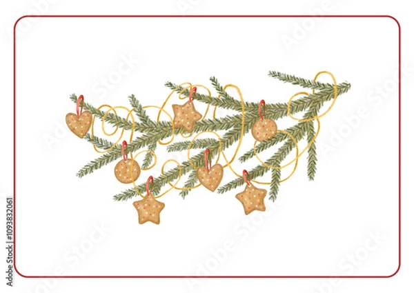Fototapeta A Christmas tree branch and gingerbread decorations. Gingerbread. Christmas. Christmas elements. Garland. Color digital illustration. The print is used for packaging design, fabric.
