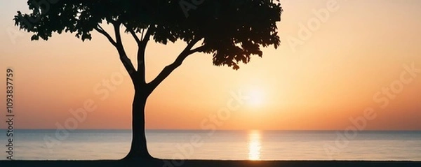 Fototapeta A silhouette of a tree against a soft sunlit horizon, shadows blending seamlessly, tree sunlight, subtle elegance