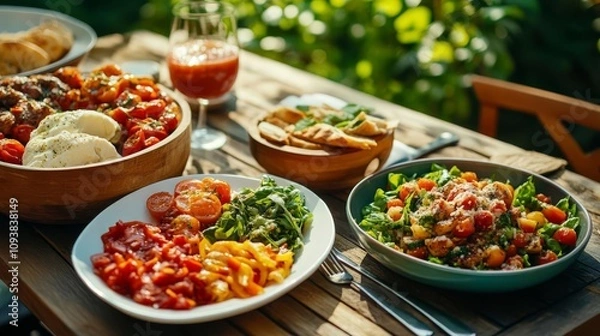 Fototapeta A table of food outdoors, illuminated by intense sunlight, emphasizing freshness and natural colors, outdoor food, culinary art in nature