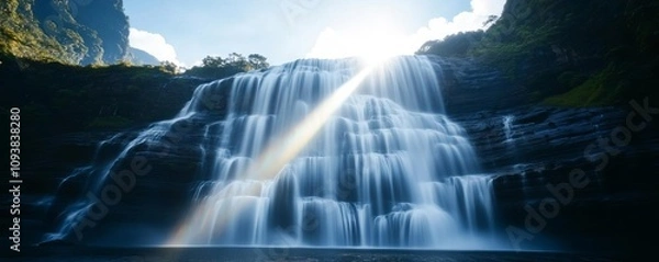 Fototapeta A tropical waterfall under intense sunlight, droplets catching the light to create shimmering rainbows, waterfall sunlight, tropical paradise
