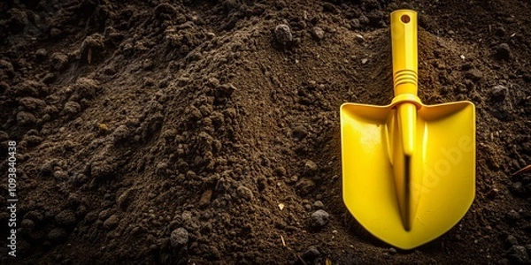 Fototapeta Close-Up of a Yellow Shovel in a Freshly Dug Trench with Rich Soil, Perfect for Construction and Landscaping Projects, Showcasing Tools and Earthwork Details in a Natural Setting