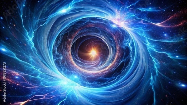 Fototapeta Cosmic Vortex with Electric Tendrils - A Stunning Sci-Fi Visualization of a Deep Blue Energy Portal Resembling a Black Hole, Perfect for Space Art and Digital Effects