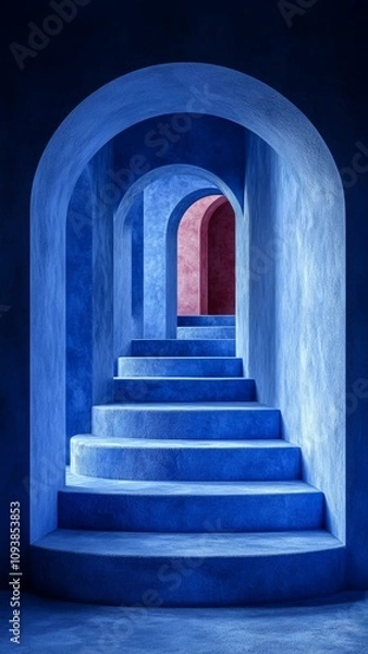 Fototapeta  Abstract blue and red architectural staircase with arches, modern artistic interior design concept for creative spaces