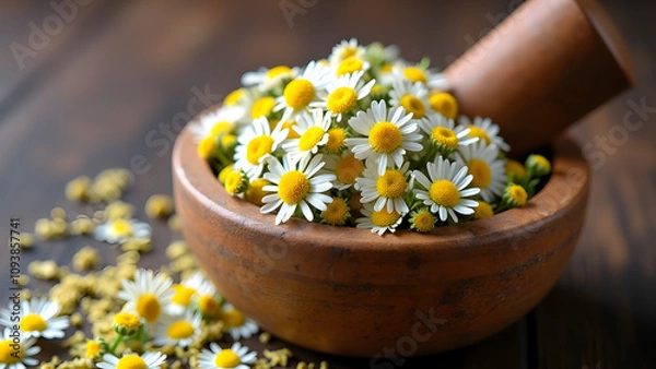 Obraz A close-up photograph of freshly picked chamomile flowers in a ceramic bowl. The soft, diffused lighting adds warmth, appealing to 