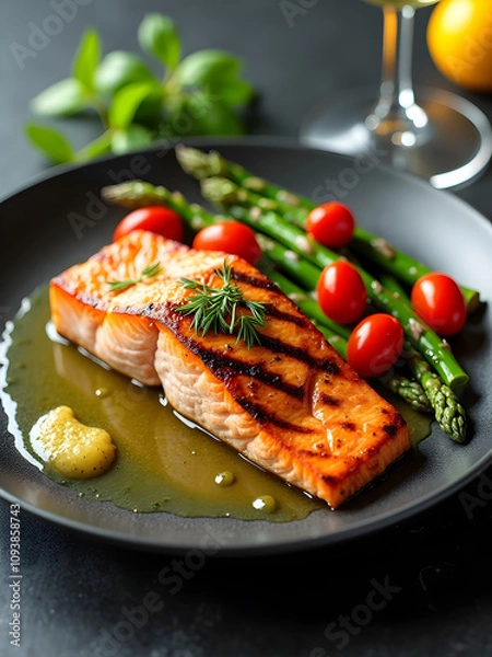 Obraz Photograph of a gourmet seafood dish featuring grilled salmon fillet served with asparagus, cherry tomatoes, and a drizzle of lemon butter sauce. The plate is arranged on a dark slate surface with fre