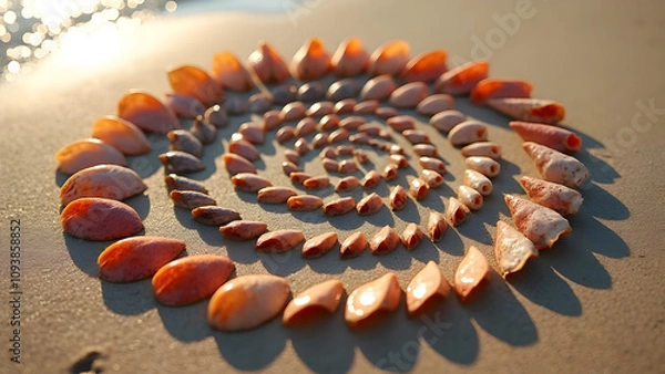 Fototapeta a pattern inspired by the ocean, using various types of seashells and marine textures arranged in a repetitive, circular design that evokes the rhythm of waves.