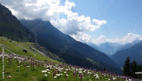 Obraz Mountainous landscape in the Alps with flower meadow in spring