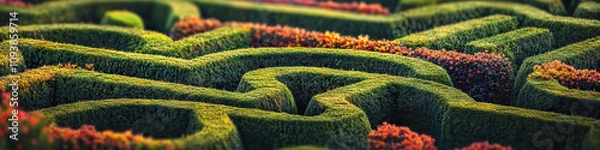 Fototapeta Geometric Garden: A perfectly manicured garden, filled with hedges shaped into various polygons and colorful flora arranged in grids.
