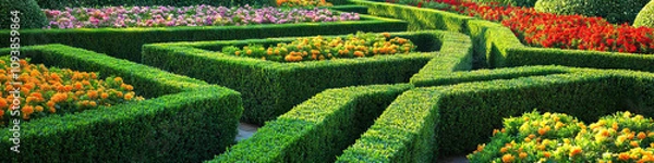 Fototapeta Geometric Garden: A perfectly manicured garden, filled with hedges shaped into various polygons and colorful flora arranged in grids.
