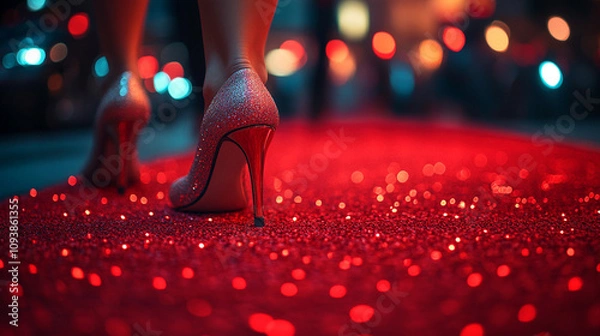 Fototapeta Elegant high heels placed on a red carpet at a glamorous event, symbolizing sophistication, luxury, and success in a luxurious setting filled with anticipation and exclusivity