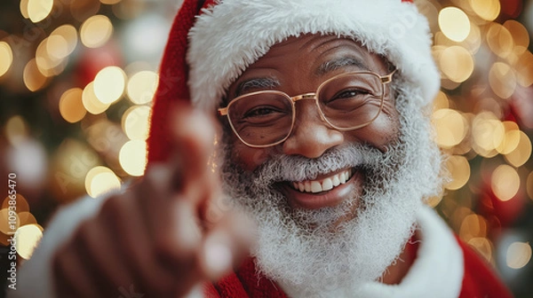 Fototapeta Joyful African American Santa Claus pointing forward