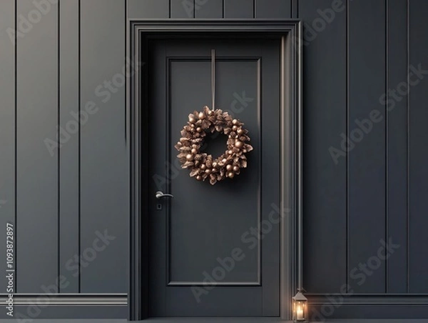 Fototapeta Minimalist bungalow with a neutraltoned wreath and a single glowing lantern