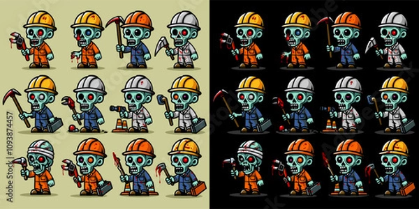 Fototapeta Big set of illustration of zombie construction worker. Horror and spooky element. Halloween element design. Isolated on clear background. Vector Eps 10.