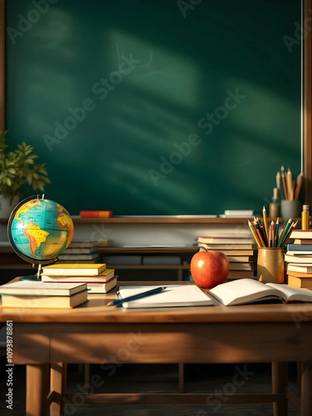 Obraz A classroom scene with books, a chalkboard, and educational tools like globes and pencils, shot in warm, inviting light.