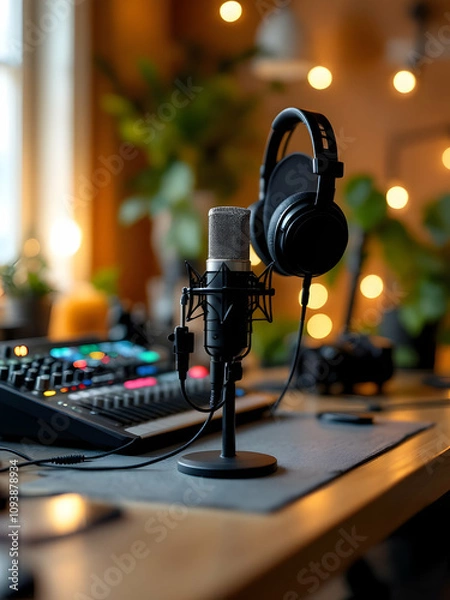 Fototapeta A podcast studio setup featuring a microphone, headphones, and soundboard on a wooden desk with cozy lighting.